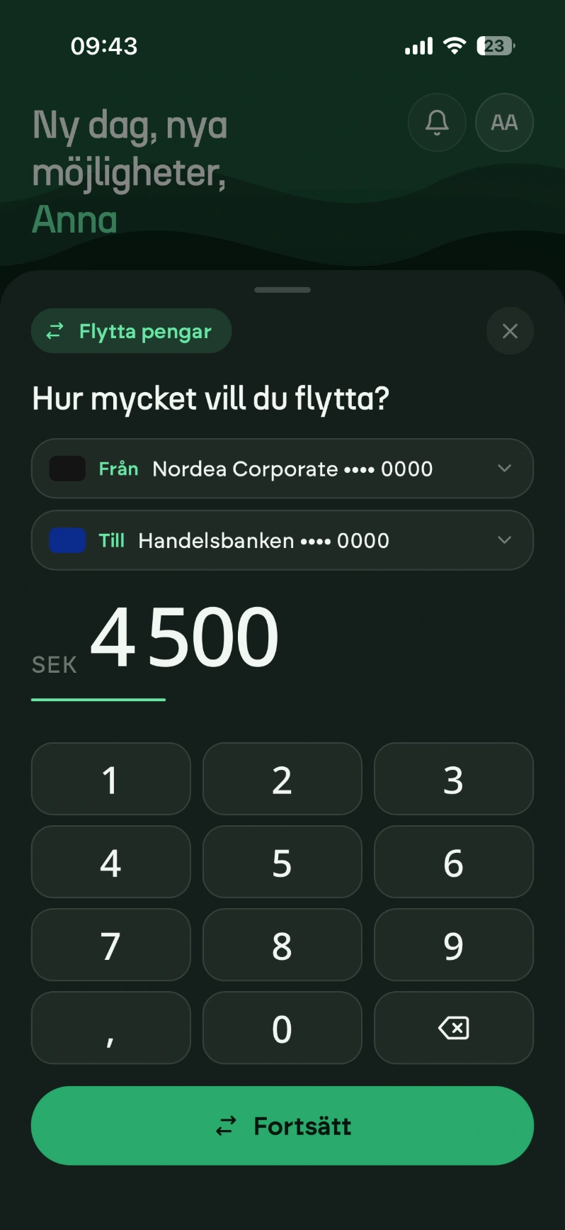 FLIQ app — moving money between accounts, dark mode