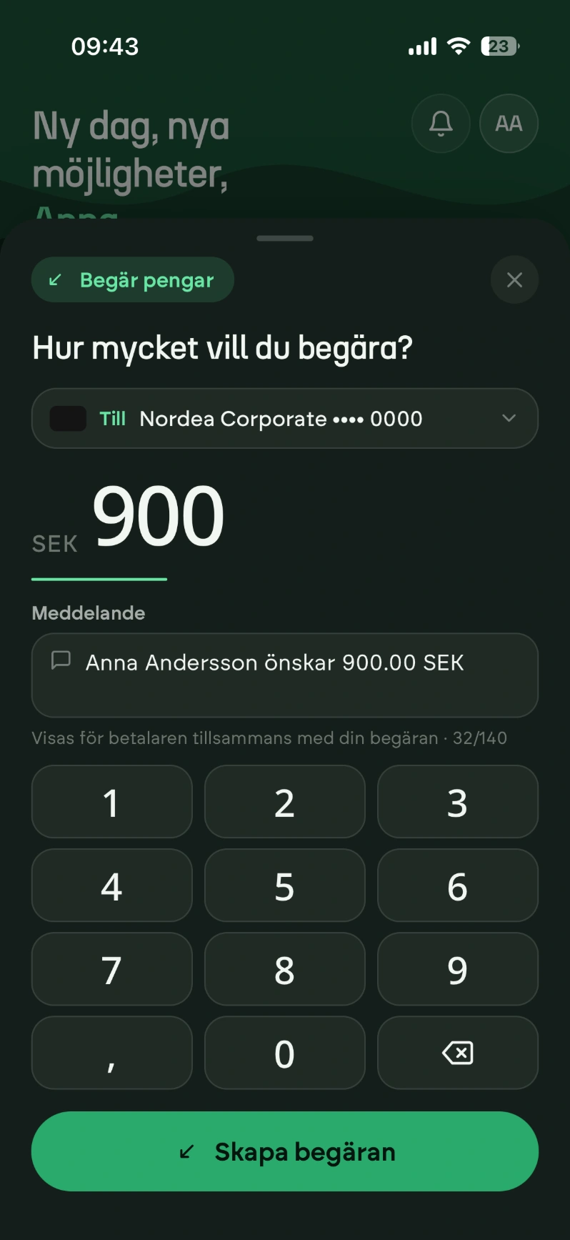 FLIQ app — requesting money, dark mode