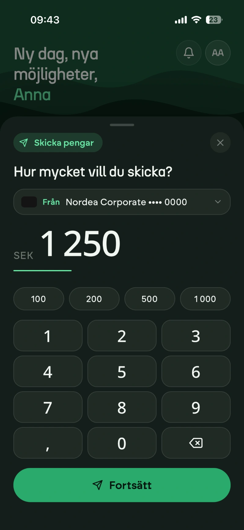 FLIQ app — sending money, dark mode