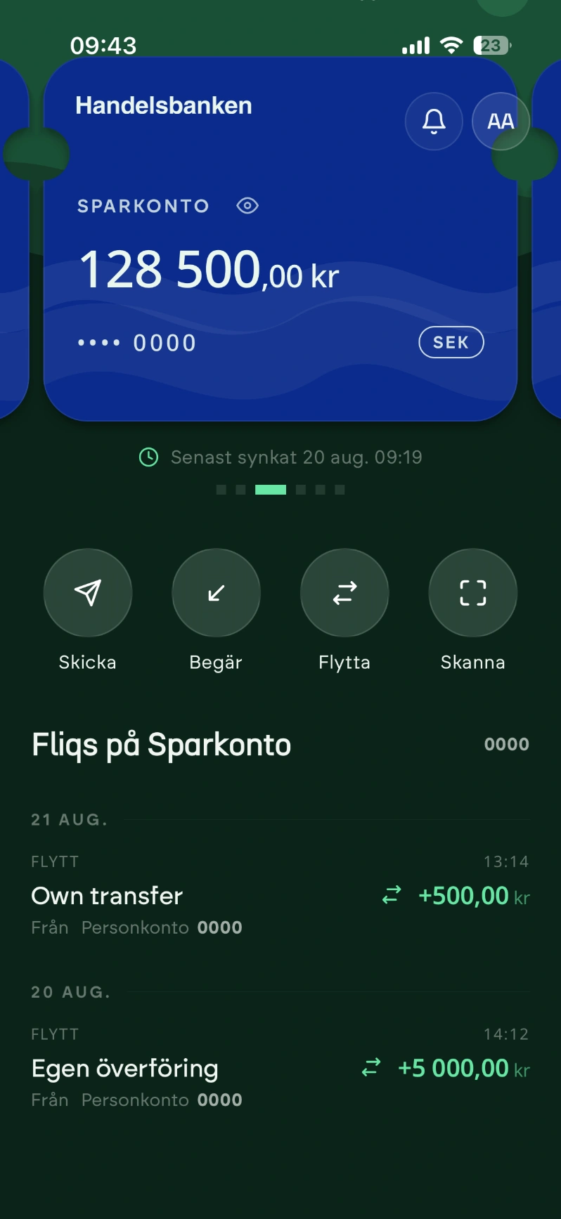 FLIQ app — transaction list, dark mode